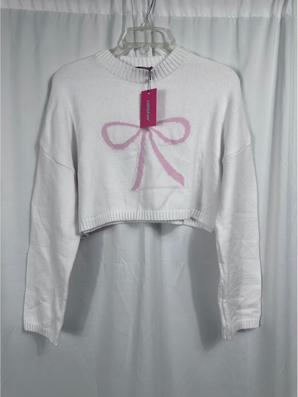 Edikted White Cropped Sweater with Pink Bow Detail XS